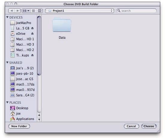 Clicking choose here will build the project and create the VIDEO_TS and AUDIO_TS folders as shown on page one of this document Note: Below shows 2 ways of burning Discs using the native mac burner,
