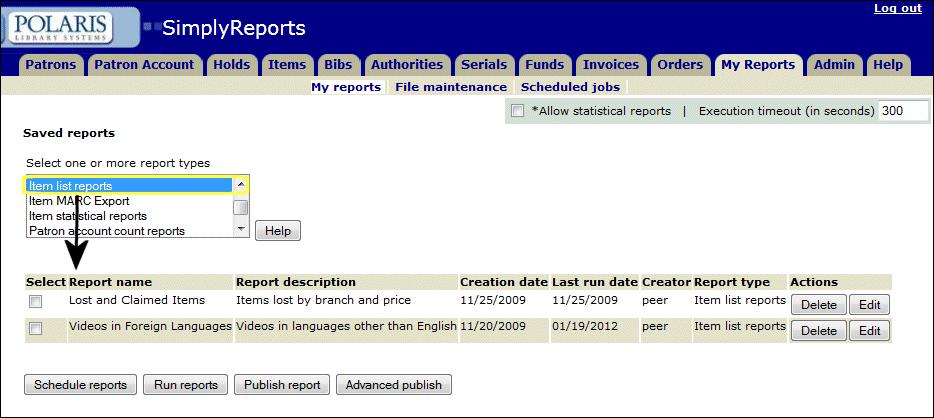 Polaris SimplyReports Guide 4.1 Saved Reports 37 3. Select the reports by clicking the check box next to the report name in the Select column. 4. Click. The Schedule jobs page appears. 5.