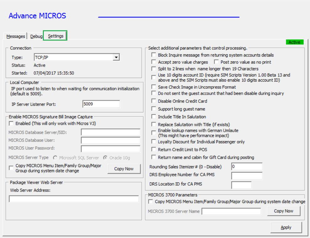 Advanced MICROS Configuration The Advanced MICROS Interface (AMICROS) communicates with the MICROS POS PC through an IP connection, thus requires a correct IP and COM Port to be setup in MICROS POS