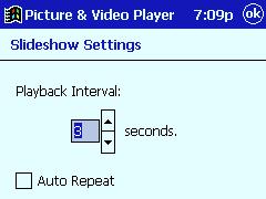 Making Slideshow Settings Tapping Slideshow Settings on the View menu displays a dialog box for controlling the playback interval and the repeat setting. Playback Interval.