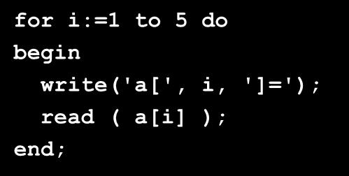 Masyvo pildymas naudojant klaviatūrą Pavyzdys: užpildyti masyvą А klaviatūra for i:=1 to 5 do begin write('a[', i,