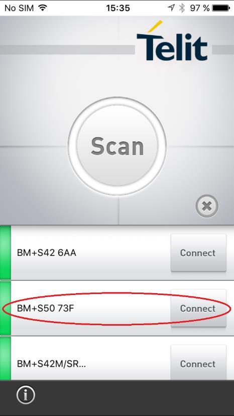 Check if your BlueEva+S50/Central device (BM+S50 xxx) is found and press the Connect button to establish the connection to the BlueEva+S50/Central.