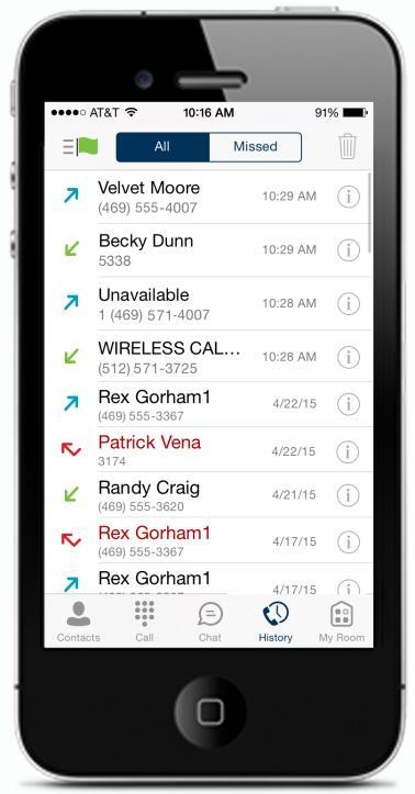 CALL HISTORY The client supports the basic Clearspan Call History. From the segmented controls the Call History can be set to show all or missed calls.