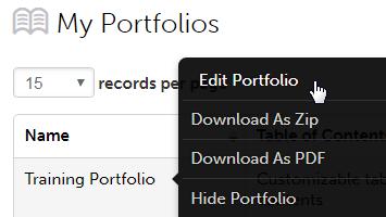 In edit mode with the Table of Contents you can modify the portfolio structure.