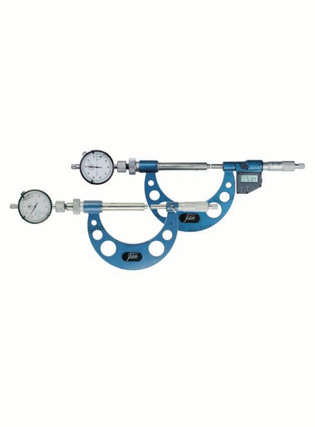 Micrometers with adjustable anvil with dial indicator Micrometers with an adjustable anvil with dial indicator, for measurements in a wide measuring range. range: 0-1000.