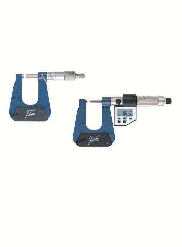 Deep throat micrometers Micrometers with a deep throat especially for measuring the thickness of e.g. sheet metal, paper and plastic sheets. range: 0-50. Analog: graduation 0.