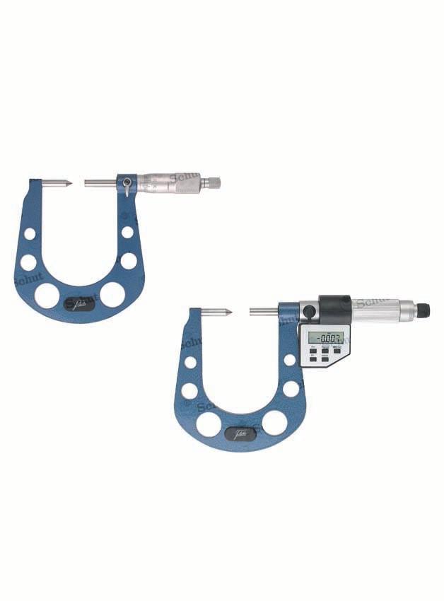 Brake disc micrometers Micrometers especially for measuring the groove depth of brake discs. range: 7.6-50. Analog: graduation 0.01, digital: resolution 0.001. Anvil with 60 point.