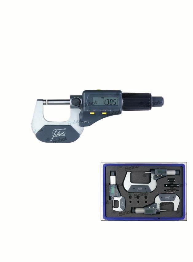 micrometers IP54 Rugged digital micrometers with an IP54 protection degree (resistant to dust and splash water) and a favourable price-performance ratio. range: 0-200. Resolution: 0.001.