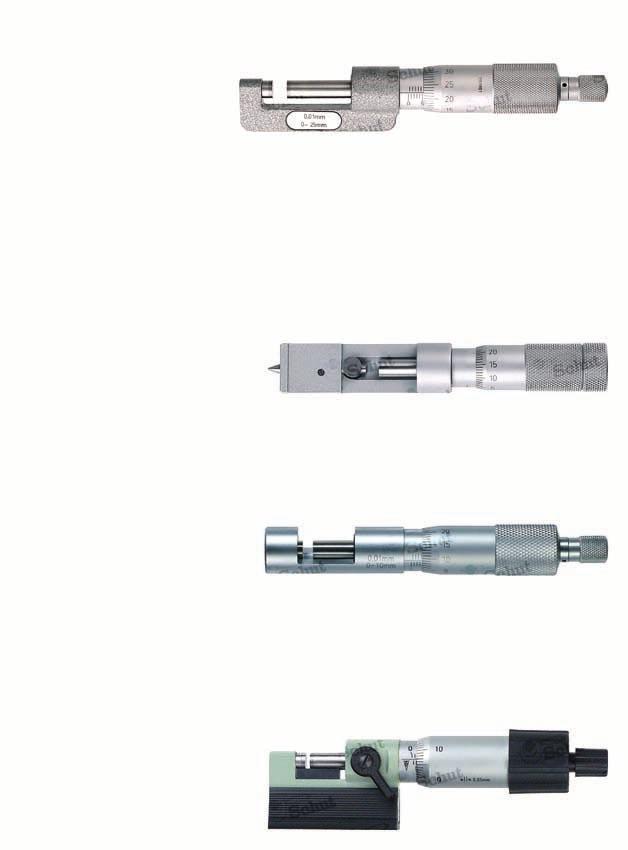 Hub micrometers Micrometers with a shallow bracket for measuring the thickness bearing bushes, bore shoulders and other hard-toreach places. range: 0-100. Graduation: 0.01.