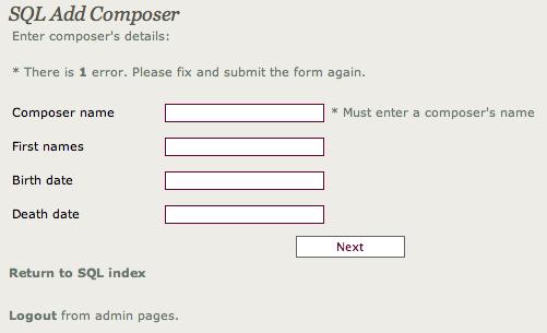 Paloose Documentation Version 1.9.1 17.3 Adding Composers Confirm Add Composer Form Assuming that there are no errors the flowscript redirects to the page, addcomposer-2.html.