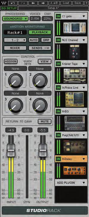 6.1.2 StudioRack StudioRack is a plugin chainer for any DAW. It hosts up to eight plugins, controls them, assigns them to external controllers, and manages them.