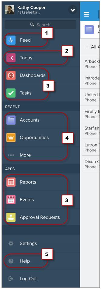 SALESFORCE1 BASICS Getting Around in Salesforce1 Get to your data using the navigation menu and a few simple gestures. When you log in to Salesforce1, you see your landing page.