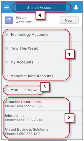 Find Information Find Items with Record Search If you ve accessed five or more list views in the full site, the More List Views option displays (3).