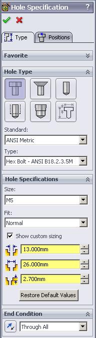 In the Property Manager, on the Type tab and set: under Hole Type: click Counterbore, Fig.