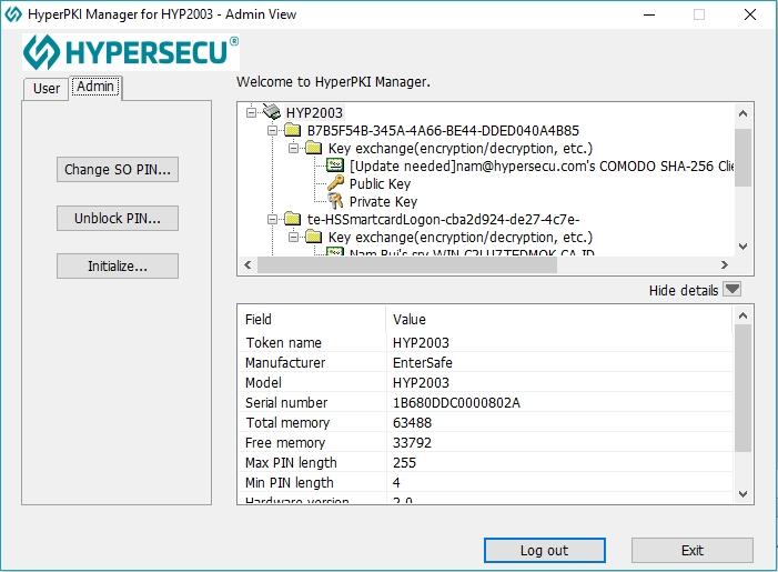 HyperPKI Manager (Admin) The HyperPKI Manager (Admin) contains all of the features available in the standard user version, but has an additional Admin tab where administrative tasks can be accessed