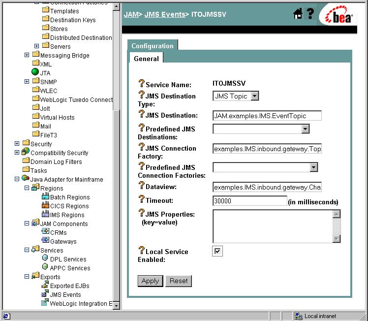 Using the Samples Setting Up the Sample Step 1: Enable the Service To set up the IMS application to WebLogic Server JMS topic, complete the following steps.