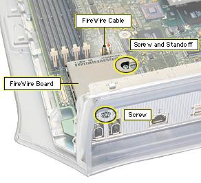 Take Apart FireWire Board, PCI Graphics - 24 1. Remove the screw securing the FireWire board to the I/O panel. 2. Remove the screw that secures the FireWire board to the metal standoff. 3.