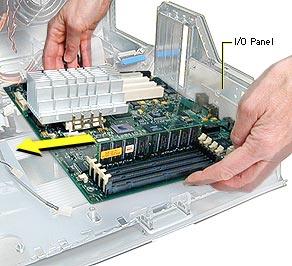 Take Apart Logic Board, PCI Graphics - 55 4. Tilt the logic board so that the ports clear the openings in the I/O panel. 5. Lift the board out of the computer.