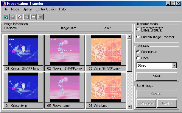 Transferring Images Presentation Transfer This mode makes it possible to transfer images saved as BMP or JPEG files to the projector.