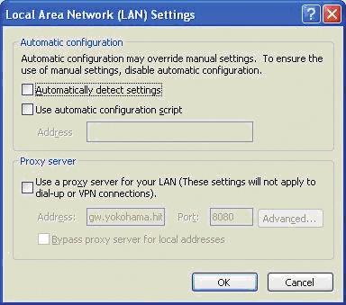 2. Equipment connection and network setting 2.3 Manual network connection setting - Wired LAN - (continued) Fig. 2.3.3.c Local Area Network (LAN) Settings window 3) Uncheck all boxes in Local Area Network (LAN) Settings window.