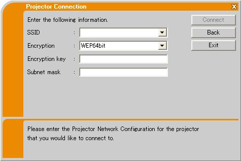 3. Using the Live Mode 3.4 Passcode connection (continued) The projector connected to an access point by the wireless LAN 1) Enter the following information that is set in the projector.