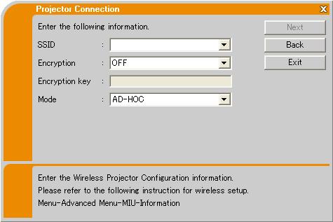 3. Using the Live Mode 3.5 Manual configuration (continued) Direct connection between the projector and PC (AdHoc mode) 1) Enter the following information that is set in the projector.