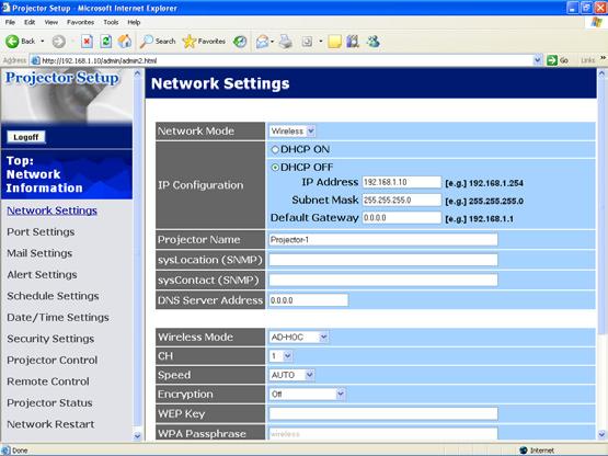 4. Management with Web browser software 4.1 Configuring and controlling the projector via a web browser (Continued) 4.1.3 Network Settings Displays and configures network settings.
