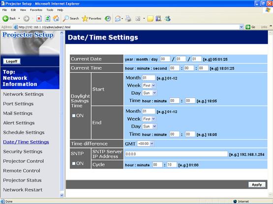 4. Management with Web browser software 4.4 Event Scheduling (Continued) Date/Time Settings ( 77) The Date/Time setting can be adjusted via a web browser.