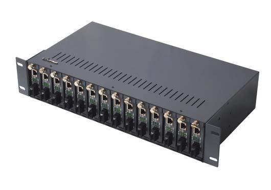 14 Slots Media Converters Rack Introduction It is acceptable for the most 14 sets of 10M, 100M, or 1000M Media Converters within a rack-mountable chassis which is supplied with unified power.