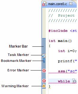 Using Microcontrollers Workbench Toolbars Figure 4.11 Marker Bar in Editor Area Table 4.9 describes different types of markers that can be used in the editor area. Table 4.9 Markers in Editor Area Marker Task Problems Bookmark Description Represents a work item.