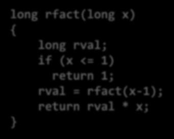 Recursive Factorial: rfact Registers %rax used without first saving %rbx used, but save at beginning & restore at end long rfact(long x) { long rval; if (x <= 1) urn 1; rval