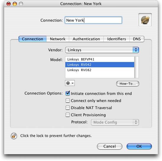 Step 2 - Connection Settings Select the vendor (Linksys) Select your VPN router model (Linksys RV042 or Linksys RV082) Make sure to enable Initiate connection from this end TIP The pre-defined VPN