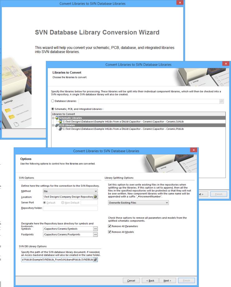 Bringing one or more source schematic and PCB libraries into the SVN database library structure is a streamlined process, using the SVN Database Library Conversion wizard.