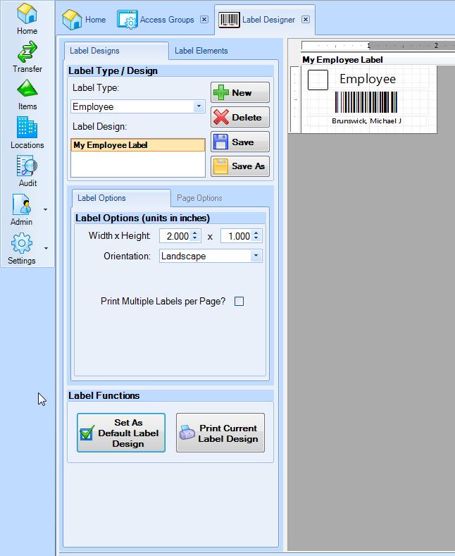 LABEL DESIGNS The Label Designs tab of the Label Designer is made for viewing, adding, deleting and saving label designs for different label types.