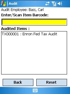 Scan the barcode of the employee/location/item for which you want to run the audit. The screen will change and prompt for the user to scan the barcodes of the items in the audit.