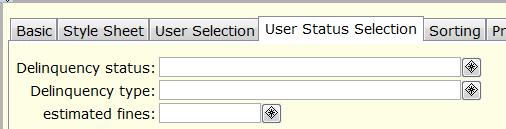 User Status Selection Tab Delinquency Status All users in the report are either OK, DELINQUENT, BLOCKED, or BARRED statuses. Use the gadget to add or remove a delinquency status.
