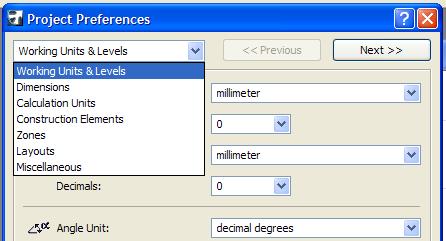 Project preference dialog box contains pop-up menu at the top left listing each preference category (can also be accessed directly from Option > preferences) clicking next and previous allows you to