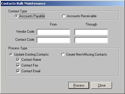 Contacts Bulk Maintenance The Contacts Bulk Maintenance screen is used to create or update the contact records against a range of customers or vendors.
