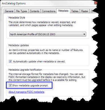 If an item's metadata includes existing content typed by a person in both the FGDC and ESRI- ISO metadata elements, you must choose one set of information to upgrade to ArcGIS metadata.