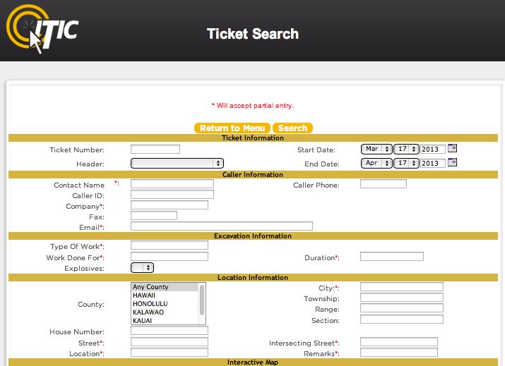 Enter the county that is on the ticket and set the Start Date/End Date to the time frame in which you processed the ticket. Then Click Search.
