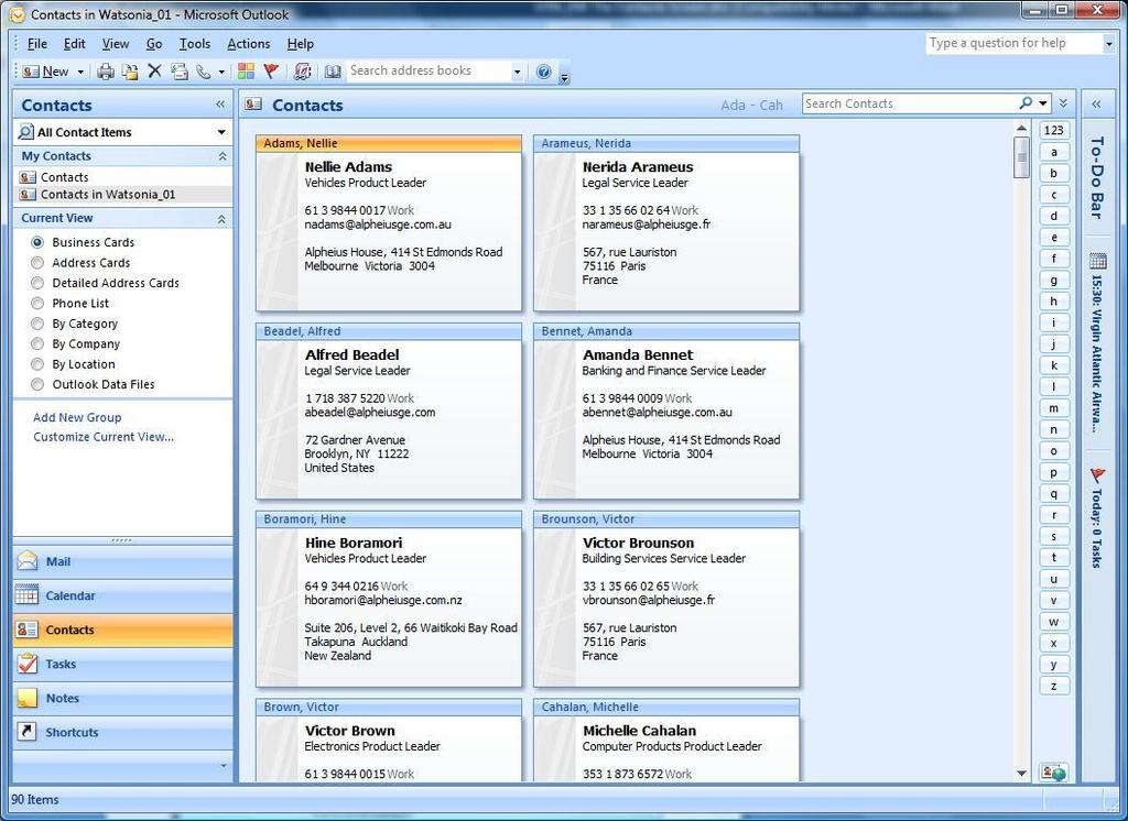 THE CONTACTS SCREEN The Contacts screen in Outlook 2007 provides information about people and organisations that you deal with.