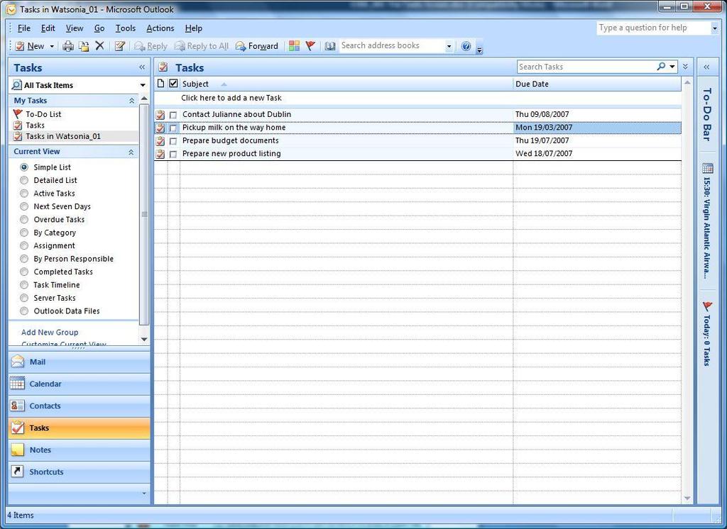 THE TASKS SCREEN The Tasks screen in Outlook 2007 is designed as a place to record and track tasks. It is, in essence, a To-Do listing.