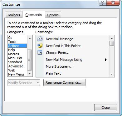 The Commands Tab Use the Commands tab to add commands/buttons to existing toolbars.