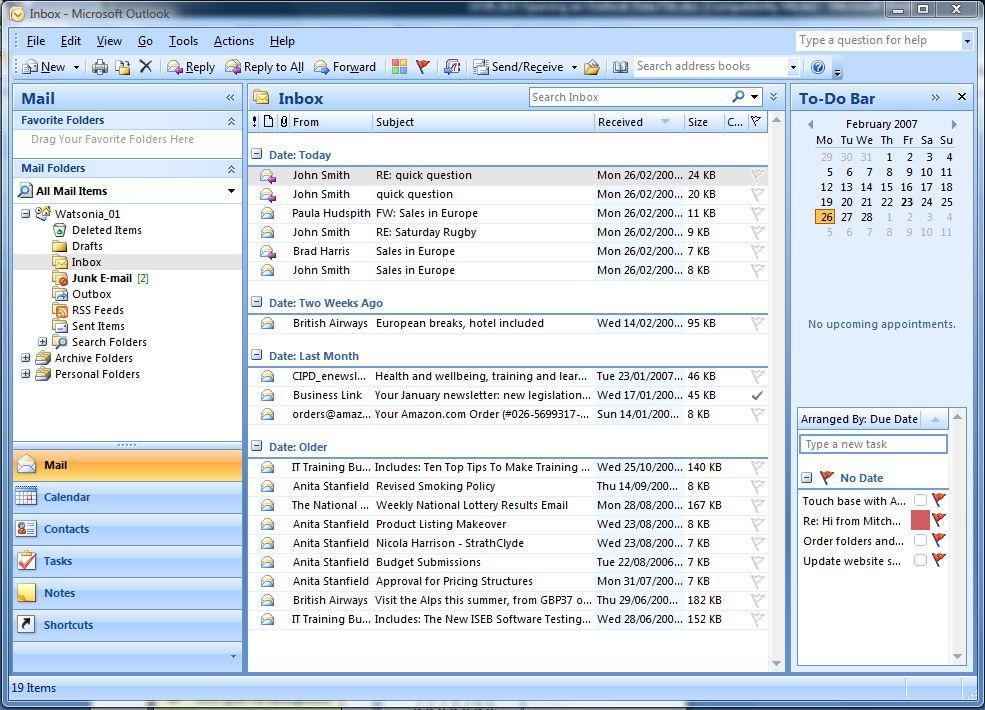 COMMON OUTLOOK 2007 SCREEN ELEMENTS Outlook 2007 can do so many different things for you and as a consequence its screen is probably the most interesting of all.