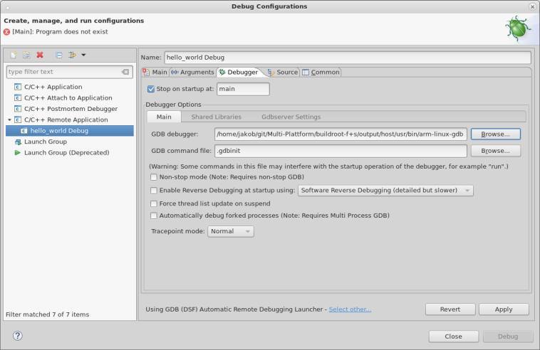 Setup Application settings Switch to tab Debugger and select the GDB debugger path.