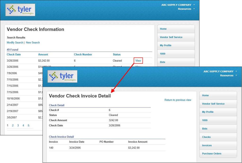 Clicking Modify Search or New Search returns the vendor to the Vendor Check Search page. The listing of checks can be sorted by clicking a column title.