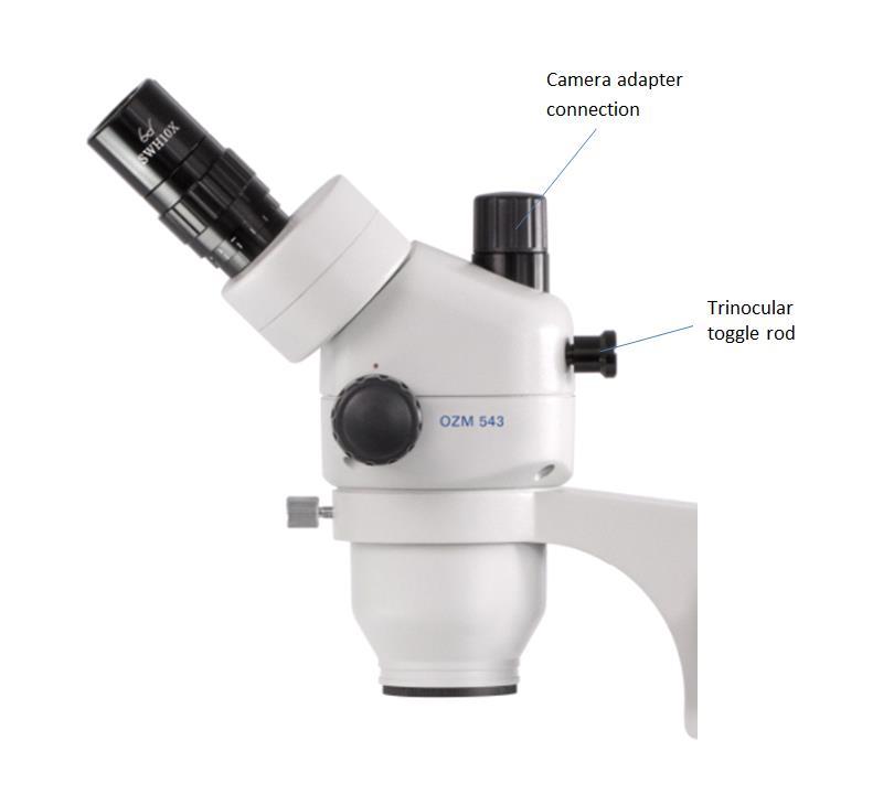 5.8 Fitting and adjusting a camera (OZM 983) You can connect special microscope cameras and reflex cameras to trinocular devices in the OZM-9 series, so that you can digitally record images or