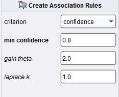 Next, we need to check the value of minimum confidence and see if we need change it. Click Create Association Rule operator (Fig 7-c) the value of minimum confidence is 0.