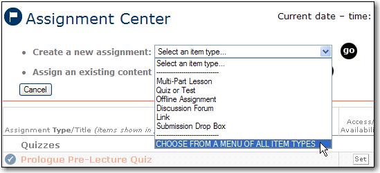 13 questions link at the top of the screen when you have finished. Back at the Assignment Center, you will see your new quiz added. You can experiment and take the quiz. 11.