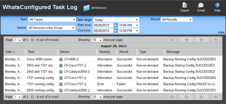View task data The WhatsConfigured Task Log report displays log messages generated by WhatsConfigured tasks.
